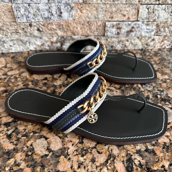 Tory Burch Mini Benton Gold Chain Band Sandal Poblano Green Blue Yonder - Picture 2 of 9